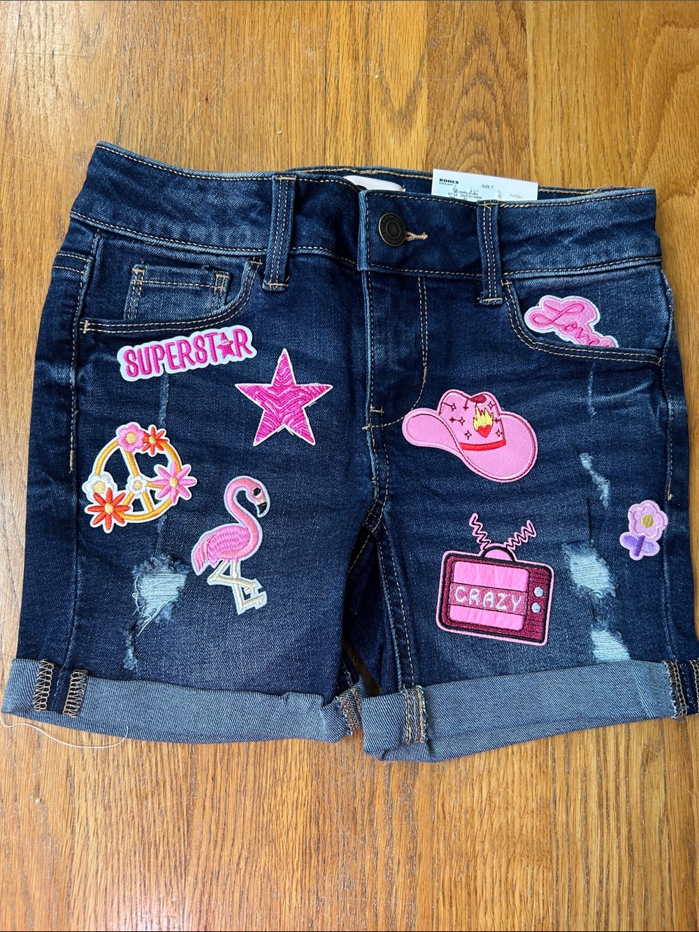 SO Dark Blue Denim Shorts with Pink Patch Accents